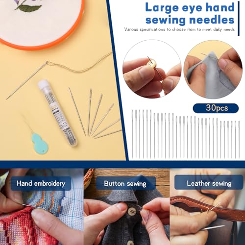 Image of 30 PCS Large Eye Sewing Needles, 5 Size Hand Sewing Needles, Leather Embroidery Thread Needle, Stainless Steel Yarn Knitting Quilting Needle with Threader for Crafts, Repair