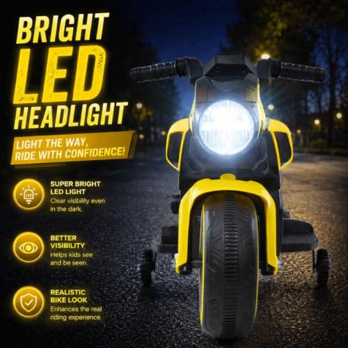 Image of MEKASHI 6V Electric Ride-On Bike for Kids with Bluetooth Music (Yellow) | Realistic styling with LED headlight, rechargeable battery & smooth ride performance for toddlers aged 1-4 years