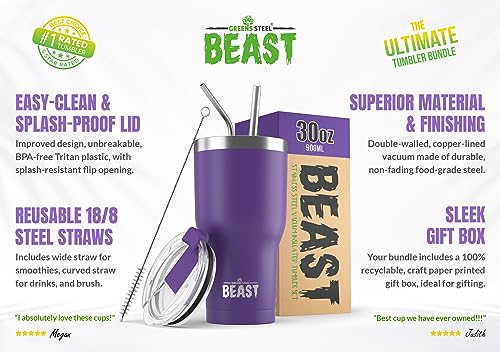 Image of Beast 30 oz Tumbler Stainless Steel Insulated Coffee Cup with Lid, 2 Straws, Brush & Gift Box (30 oz, Deep Purple)