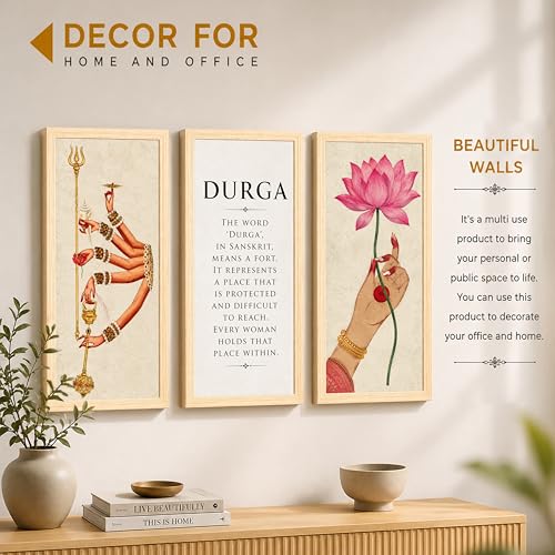 Image of Durga Wall Art Painting Set of 3 Framed Posters For Living Room, Hindu Goddess Religious Poster, Lotus & Trishul, Spiritual Indian Painting, Sanskrit for Living Room, Office, Home Decor (Size 24x48)