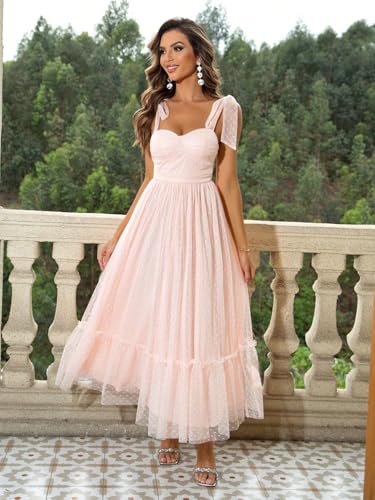 Image of SISKIN Summer Cocktail Dresses for Women Tie Shoulder Semi Formal Dresses Hem Mesh Birthday Wedding Guest Dress
