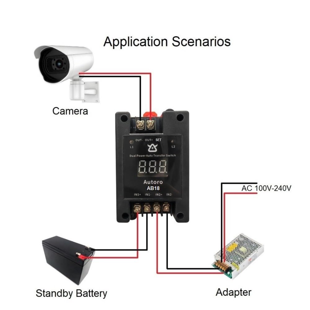 AB18 DC Dual Power Automatic Transfer Switch ATS 60V 18A for Main&Backup | DC12-60V IN, 18A OUT Auto ATS, Set Main & Backup Power for RV DC Fridge/OffGrid UPS Backup Power/Solar Panel/Cam Surveillance