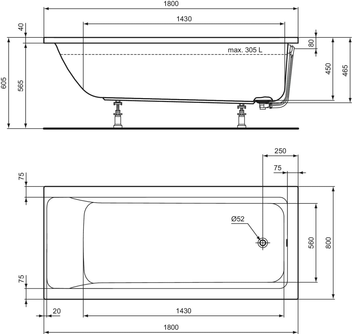Ideal Standard Serie Connect Air Vasca da Bagno 180x80cm T362201 da Incasso Solo Guscio, bianco