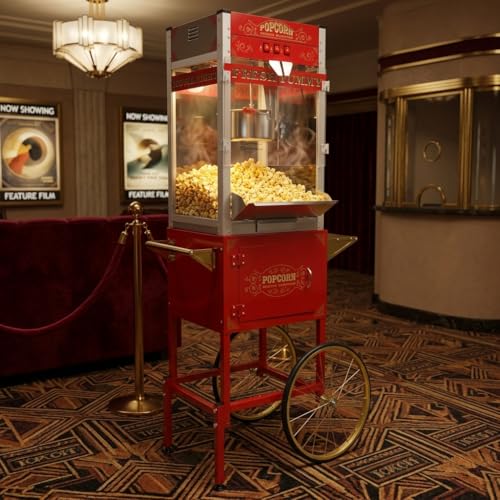 Image of 32oz Commercial Popcorn Machine, Retro Red Pop Corn Popper Cart | 32OZ Non-stick Stainless Steel Kettle, 3-Switch Control, Home Theater Style for Movie Night, Party, Office, School, Business