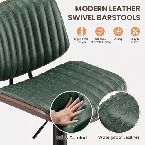 Image of MALOL Bar Stools Set of 2, Adjustable Counter Height Bar Chairs 26 inch-34.5 inch with Swivel & Footrest, Modern Faux Leather Barstools for Kitchen Island, Dining Room,Pub,Green