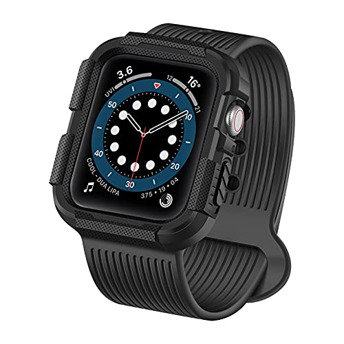 Affute silicone Smartwatch Strap Compatible for Apple Watch Band 45mm 44mm 42mm with Bumper Case ï¼ŒSport Replacement Strap Compatible with iWatch Series SE/7/6/5/4/3/2/1 ï¼ŒOutdoor exercise band with protective case (Black, 42mm/44mm/45mm)