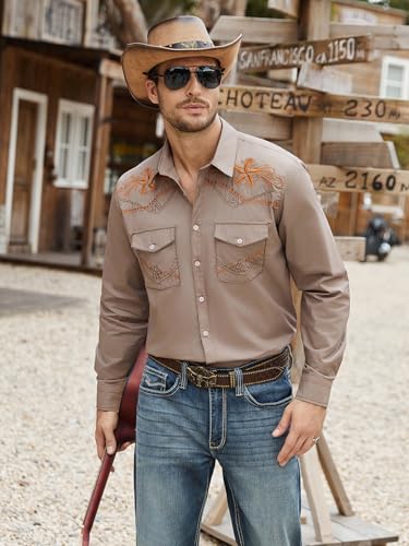 Daupanzees Men's Western Cowboy Shirts Long Sleeve Embroidered Shirts Slim Fit Casual Button Down Shirt with Pockets3