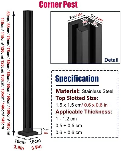 Heavy Duty Black Square Glass Railing Post - 49.2in Balustrade Kit for Deck, Balcony, Garden & Hallway - Stylish, Durable Pillar System for Modern Outdoor & Indoor Spaces