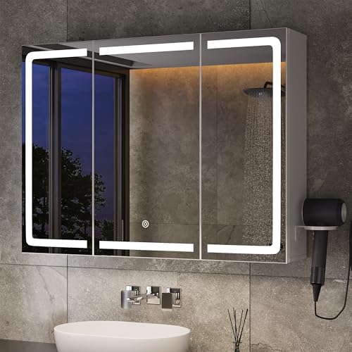 Xbro Spiegelschrank Bad mit LED-Beleuchtung80×16×60 mit Steckdose, Seitenablage, verstellbaren Spiegeltüren, Weiß