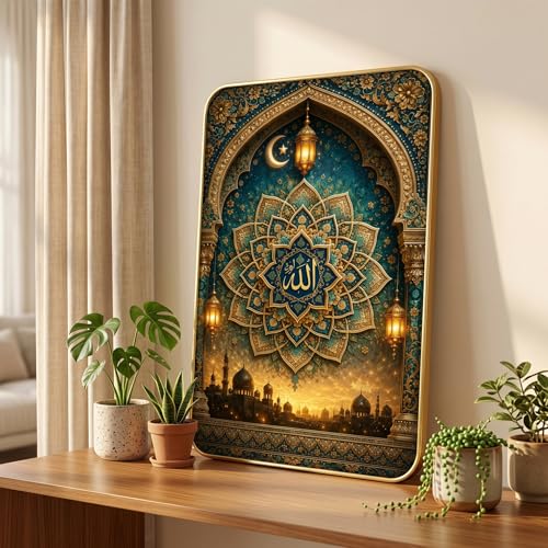 Image of SAF Islamic Allah Mandala Wall Painting with Premium PVC Golden Frame, Mosque Arch Lantern Arabic Art, Muslim Religious Home Decor for Prayer Room Living Room (13x19 Inch) MG-36045
