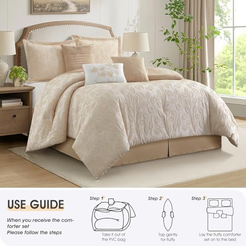 Image of LANCO MODERN LIFESTYLE 7 Pieces Beige Gold Comforter Set, King Size, Jacquard with Matching Solid Microfiber Piecework, 3D Leaves Texture Design, Includes Bed Skirt, Shams, and Decorative Pillows