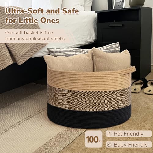 Image of INDRESSME XXXLarge Cotton Rope Basket 21.7 inch x 21.7 inch x 13.8 inch Woven Baby laundry Blanket Basket for Living Room Decor, Toy Storage Baskets for Kids Boys Girls, Camel Mix & Black