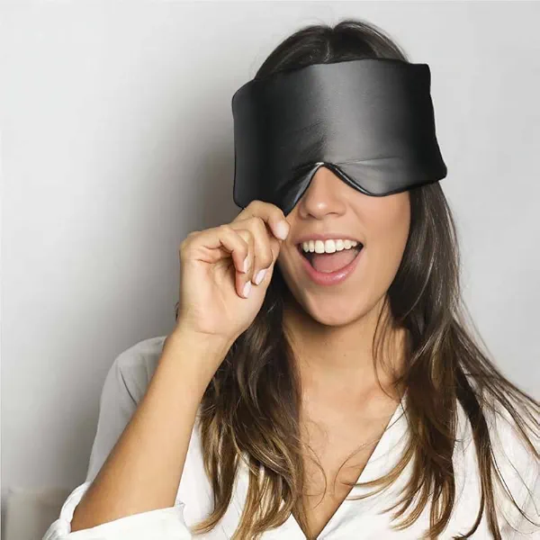 Hoowu Mulberry Silk Sleep Mask Eye Mask for Man and Woman with Adjustable Headband, Full Size Large Sleep Mask, Black