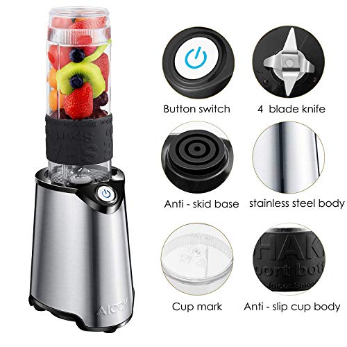 Countertop Personal Blender for Shakes and Smoothies, Smoothie Blender Maker Mixer and Mini Food Processor with 21oz BPA-Free Portable Blender Bottle, Stainless Steel, 300W, by AICOK - Thumbnail 2