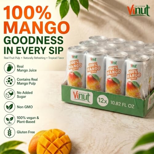 Image of VINUT 100% Mango Juice with Pulp, Tropical Fruit Nectar, No Added Sugar, Not From Concentrate, Gluten Free & Non-GMO Drink, 100% Vegan /Plant-Based, 10.82 fl oz Cans (Pack of 12)
