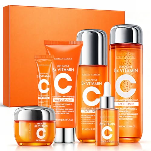 Set de Cuidado Facial con Vitamina C 6 Piezas, Kit Completo con Limpiador Facial, Tónico, Sérum, Loción, Crema Facial y Contorno de Ojos, Hidratación Diaria, Piel Radiante, Regalo para Mujer