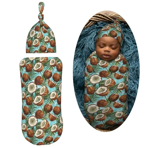 Image of Watercolor Coconuts with Tree Newborn Swaddle Blankets Hat Sets Soft Baby Receiving Blanket Swaddle Sack for Baby Shower Infant Boy Girl Gift