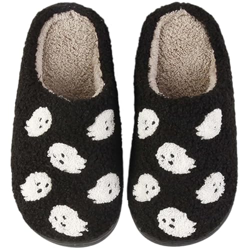 Plush Spooky Slippers for Women Men Foam Spooky Plush Fluffy Warm Fur slippers Indoor Outdoor Non-Slip House Shoes Suitable for Halloween Black Spooky 39-40