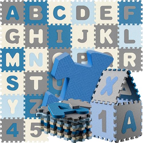 SPIELWERK Tapis Puzzle d'éveil et de Jeu Bleu - Dalles en Mousse XXL pour bébé ou Enfant Bas âge - Anti-dérapantes, avec Alphabet et Chiffres, 86 pièces, 36 Dalles...