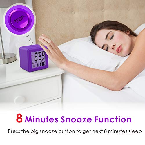 Plumeet Digital Alarm Clock for Kids with Snooze and Nightlight - Easy Setting Silicone Display Time, Date - Loud for Bedroom - Battery Powered (Purple) - Image 5