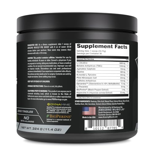 Image of Amazing Muscle Pre Boost | 30 Servings | 324 Grams Powder | Pre Workout Supplement | Made in USA (30 Servings, Natural Green Apple)