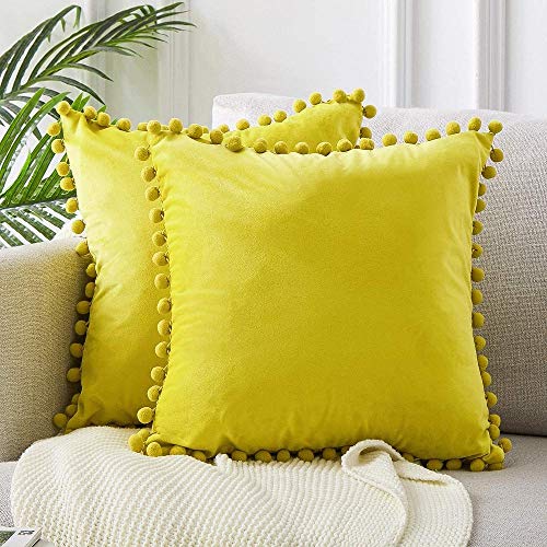 2 glänzende Samt Kissenbezug mit Ball skandinavischen Dekor Kissen Wohnzimmer Innendekoration Sofa Modernes Schlafzimmer-40 x 40 cm_Gelbe Zitrone_