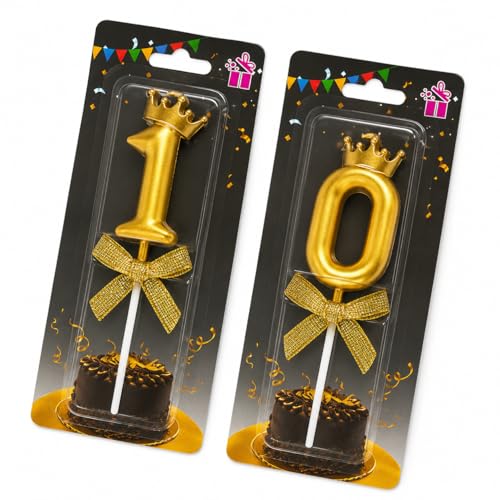 Image of Number Candles with Crown 3 inch for Birthday Parties, Wedding, Engagement, Celebrations, Theme Party, Bridal Shower, Bachelorette, Bachelors Decoration Gold (Numerical No 10)