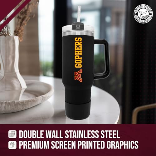 Image of Campus Colors College & University 40 oz Travel Tumbler With Handle - Dual Option Lid With Straw - Vacuum Insulated Stainless Steel (Minnesota Golden Gophers - Black)