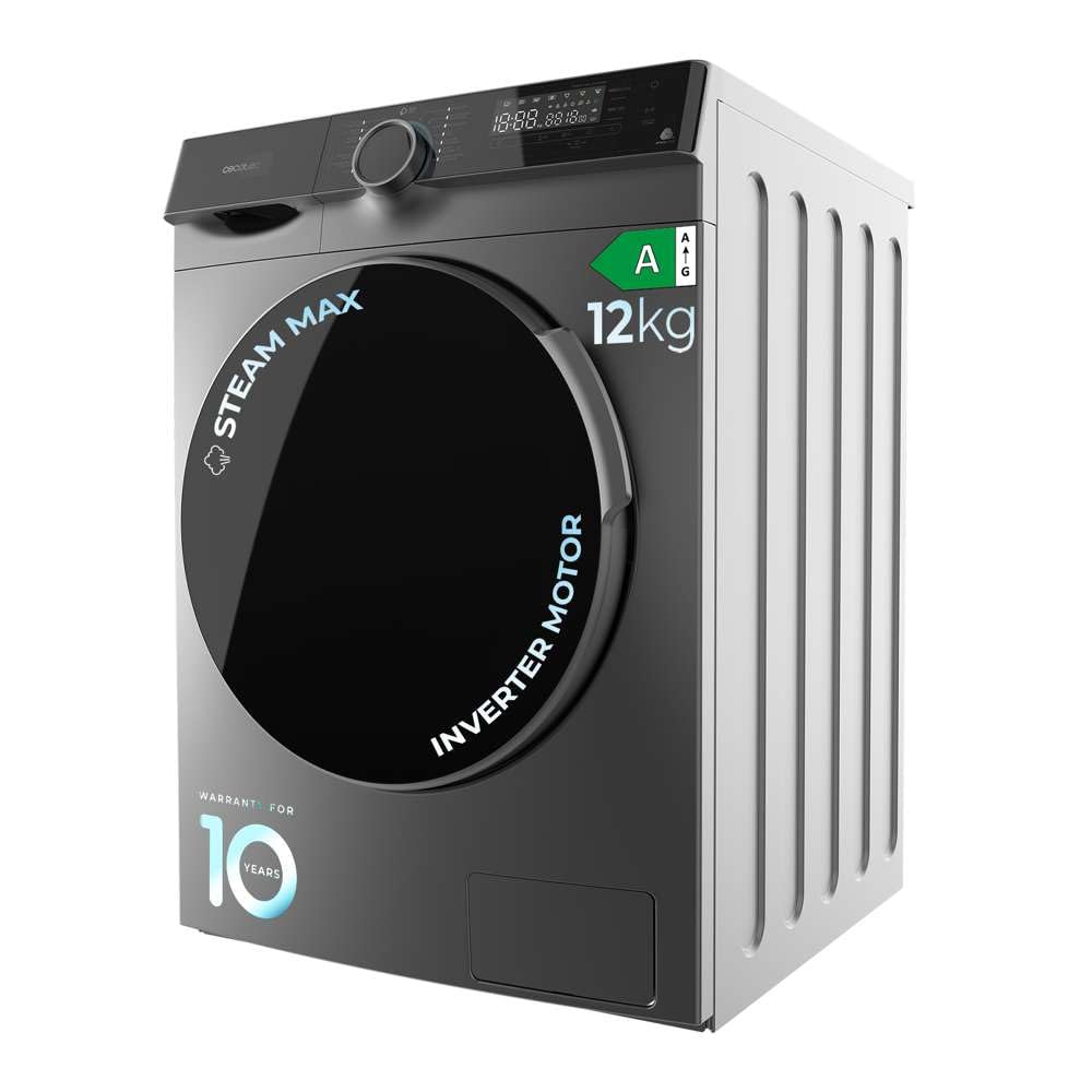 Cecotec Lavadora 12 Kg Bolero DressCode 121000 Steel A Essential, 1400 rpm máximas Regulables, 2000 W, Certificación WoolMark, Motor Inverter Plus, 14 Programas,Spa Care, Delay Start Etiqueta Energética