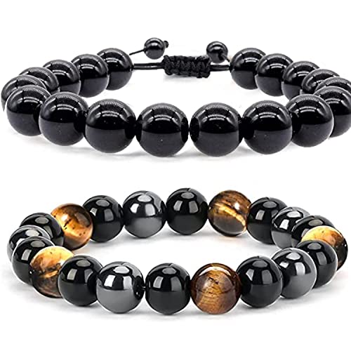 BINJCE 10 mm Natürliches Tigerauge Armband, 2 Stück Schwarzer Obsidian Tigerauge Stein Hämatit Armband, Natürliches Tigerauge-Armband Viel Geschenk für ihn Freund Ehemann Vater (Doppelter) Cover