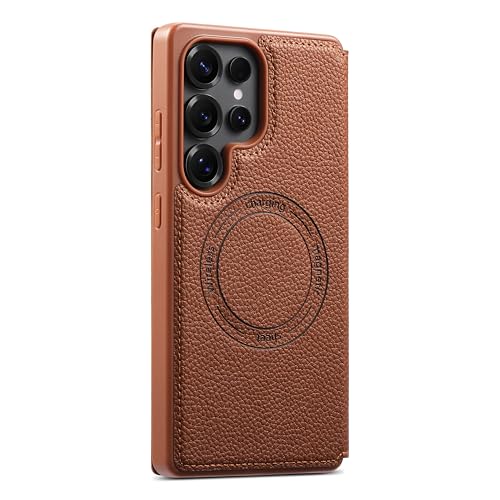 Image of Cubix Flip Cover for Samsung Galaxy S25 Ultra | Pebble-Grain Texture | N52 High-Strength Magnet | Magnetic Wireless Charging Compatible | 2 Card Slot | Slim Full Cover (Brown)