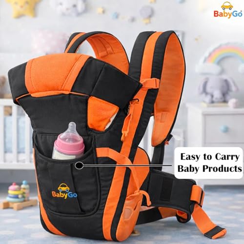 Image of BabyGo Kid Seat Baby Hip Carrier 4-in-1 Adjustable Baby Carrier Cum Kangaroo Bag|Front, Back|for 6 to 24 Months Baby|Newborn to Toddler Carrier|Safety Belt & Buckle Straps|Up to 15 Kgs (Orange)