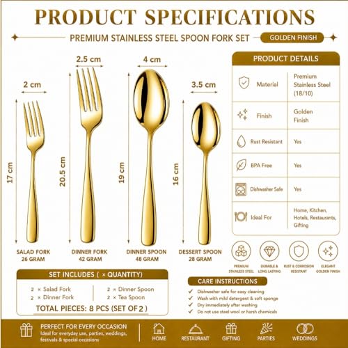 Image of Classic Gold 8 Pcs Stainless Steel Cutlery Set for Dining Table, Dishwasher Safe Glossy Flatware (Perfect Spoon Fork Set)