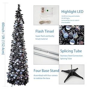 5ft black christmas tree with 50 lights pop up artificial collapsible pencil treelighted tinsel trees for home decor bedroom party holiday decorations wokeise  urban country home decor