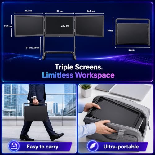 Image of 14 inch Laptop Screen Extender, Triple Monitor for 13.6 inch-17.3 inch Laptops | FHD 1080P IPS, One-Cable Connection for 3 Screens, Portable, Compatible with Windows and Mac, Fits 13.6 inch-17.3 inch Laptops
