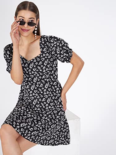 Image of KIBO Casual Stylish Black Floral Polyester Dress for Women