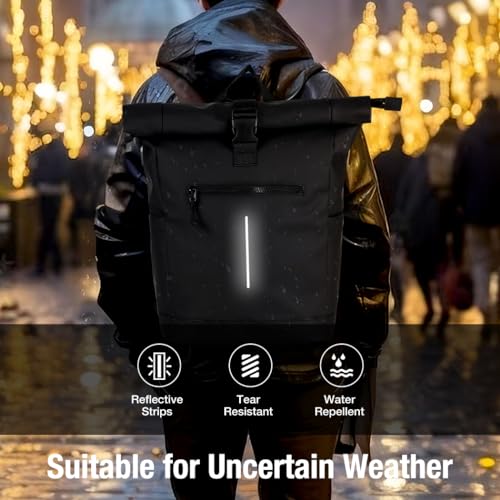 Lekeinchi Rolltop Rucksack Wasserdicht für Damen & Herren, Großer Laptop Rucksack mit Computerfach für 17 Zoll Laptop, Elegant Reiserucksack Daypack für Reisen, Radfahren, Uni Schule-Schwarz Groß(XL)