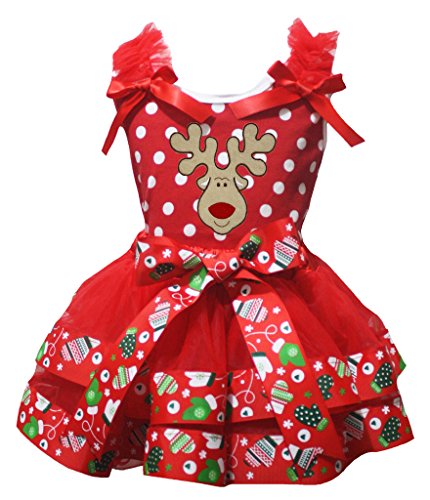 Ensemble Noël bébé et enfant avec jupe pétale rouge et chemise blanche motif renne festif