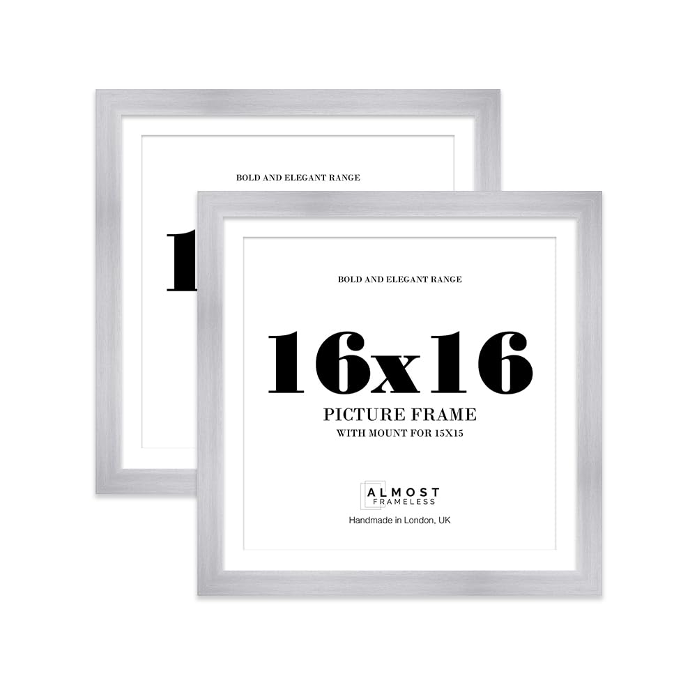 16x16" Silver Square Frame With Mount for 15x15" Pictures 28mm Edge Frame Display with Wall Hooks, 2 Pack