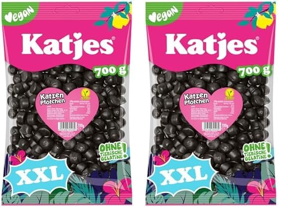 Katjes Katzen Pfötchen Großpackung (1 x 700 g) – Würzig-süßes Lakritz in kleiner runder Form – Herrlich weiche Konsistenz – Natürlich Vegan (Packung mit 2)