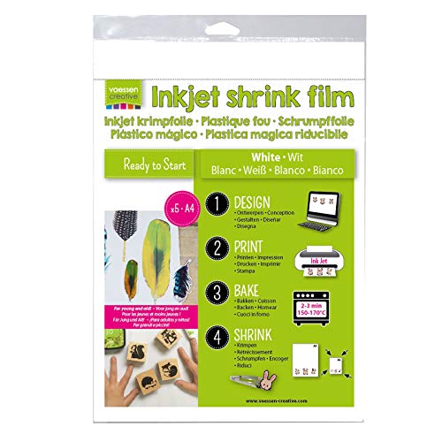 Vaessen Creative 1611-001-Papel plástico Brillante, Blanco, 5 Hojas, Tamaño 21 x 30 cm, Imprime Directamente Diseños Personalizados para Proyectos Divertidos de Arte y Manualidades, Multicolor