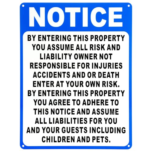 Otoolling 1 Pcs Not Responsible for Accidents or Injuries Sign Aluminum Enter at Your Own Risk Warning Sign 9 x 12 Inches Notice by Entering This Property for Lost or Stolen Items