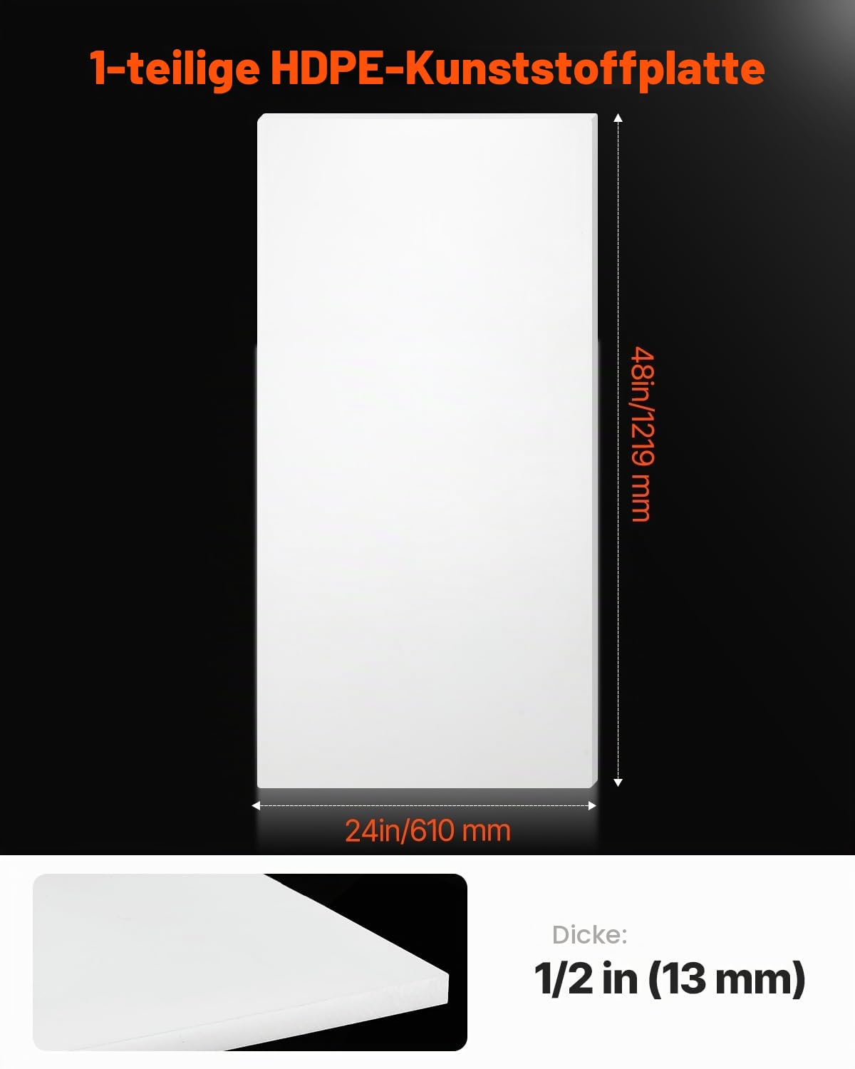 VEVOR HDPE Kunststoffplatte, 1 Stk. hochdichte Polyethylenplatten, 1219x610 mm, 13 mm dick, anpassbare Platten, ideal für Heimwerkerarbeiten, schwere Industriegeräte, weiß