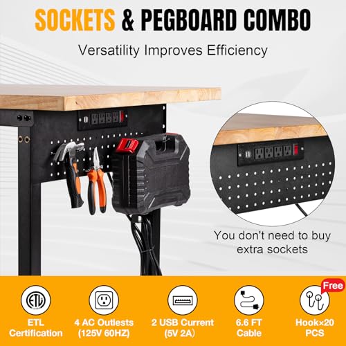 Image of 60 inch Heavy Duty Work Bench, Adjustable Workbench, 2000 LBS Load Capacity Rubber Wood Work Table with Pegboard, Power Outlets, Work Benches for Garage, Workshop, Office, Home, Commercial