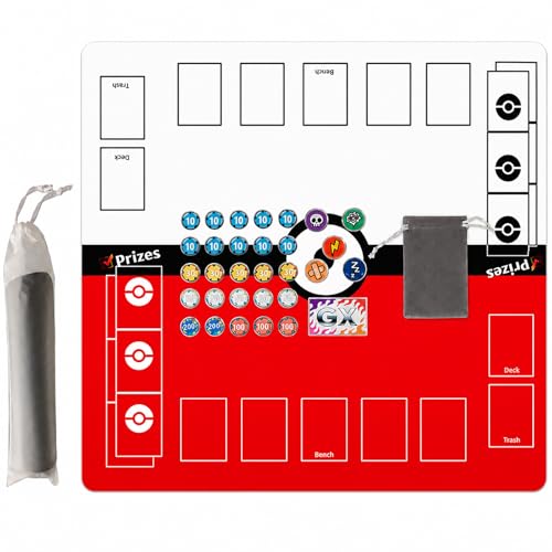 Jedaloke 24 Playmat for Trading Card Games with Damage Counters 2 Player Gaming Mat Board Stadium with Playmat Bag Red-White 2mm Thick