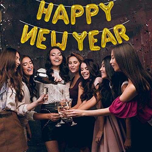 Image of TONIFUL Gold Happy New Year Balloons 16 Inches Mylar Foil Letter Sign Banner balloon For 2025 New Years Eve Party Anniversary Decor Home Party Decorations