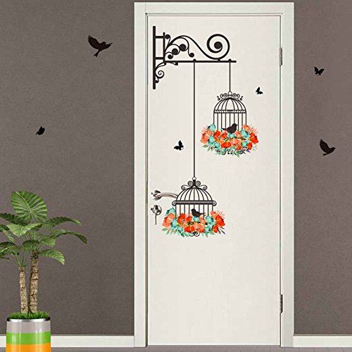 Bibitime 2 Flower Wreath Birdcages With Black Birds Wall Decal Vinyl Butterfly Sticker For Office Window Living Room Porch Door Back Kitchen Bedroom Diy Art Mural #TOP1