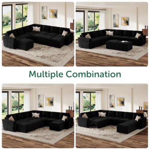 Image of HONBAY Modular Sectional Sleeper Sofa with Pull Out Bed Oversized Corduroy L Shaped Sofa Bed with Storage Couches for Living Room,Black