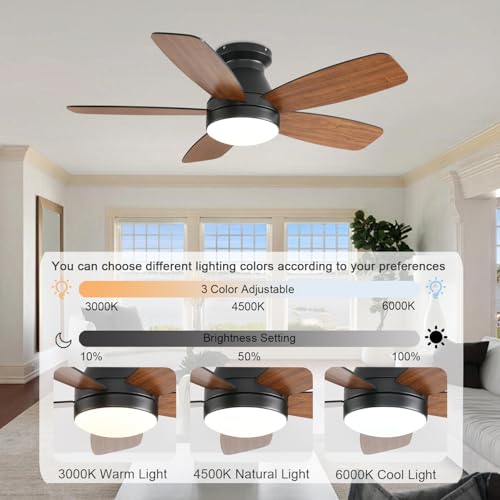 Image of JSAITEE Ceiling Fans with Lights, 42 Inch Low Profile Ceiling Fan with Light and Remote /App Control, Flush Mount, Reversible, 3CCT, Dimmable, Noiseless, Brown Ceiling Fan for Indoor /Outdoor Use