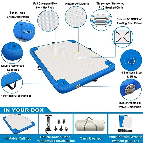 Gzkyylegs Inflatable Floating Dock Mat, 6 Ft X 6 Ft Inflatable Water Platform Swim Deck With None-Slip Surface, 6 Inch Thick Pvc Construction, Floating Platform With Carry Bag For Pool Beach Ocean #TOP2